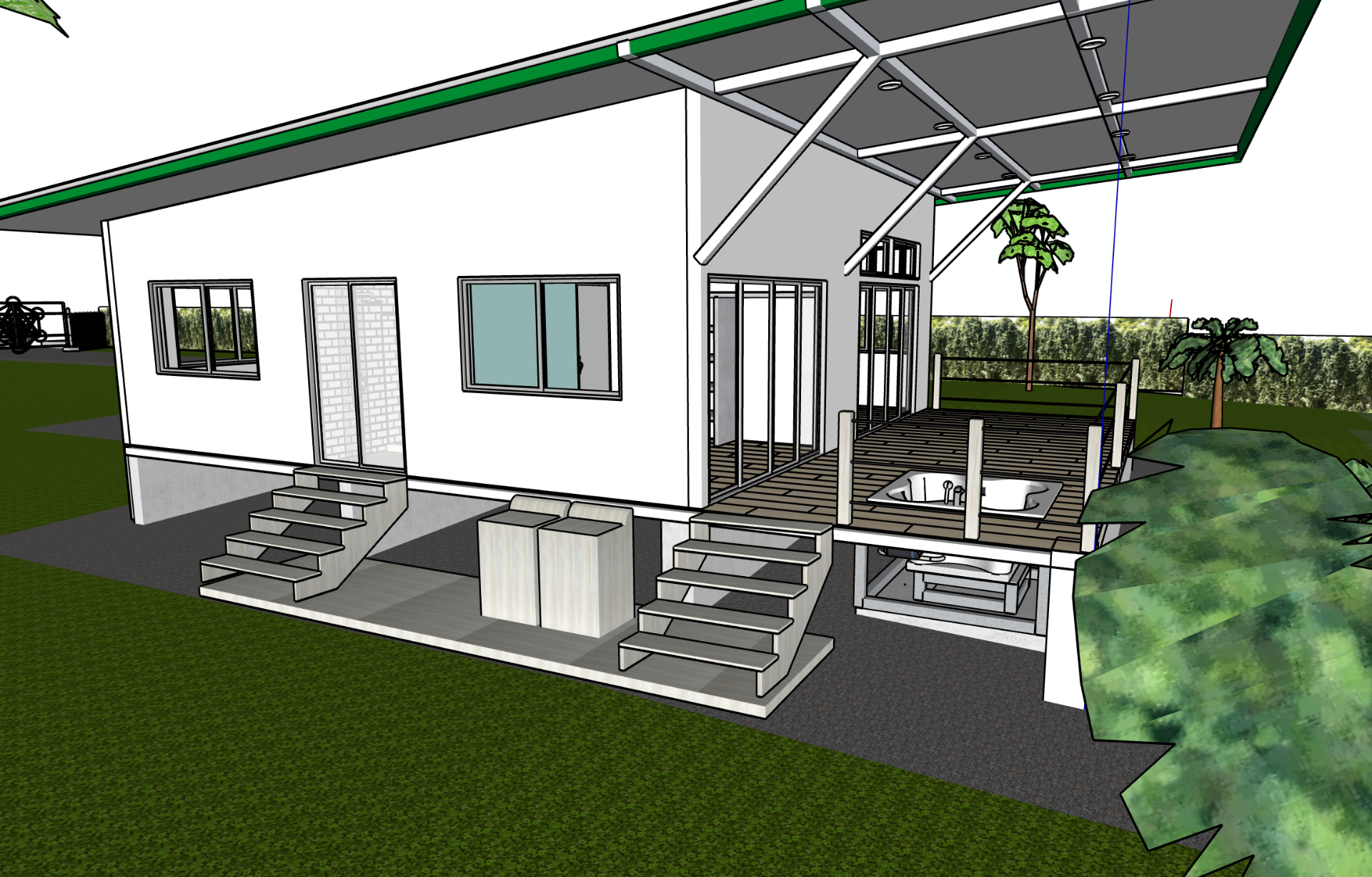 3D model rendering of the Costa Rica house showing the elevated deck, sunken hot tub, and wide overhanging roof