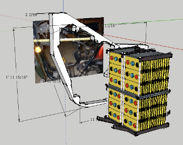 3D CAD model of the custom electric Honda Rebel showing the lithium battery pack mounted in the frame with dimensional callouts