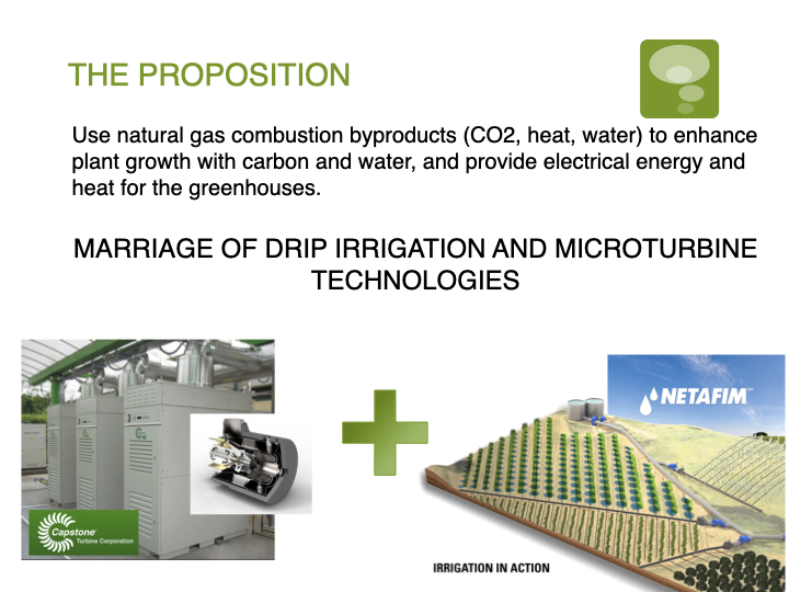 Natural Garden proposition slide pairing a Capstone microturbine with a Netafim drip irrigation field
